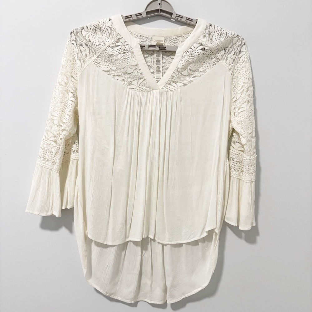 Chico's Crinkle Peasant Blouse Womens Size 2 Large Lace‎ Boho Crochet High Low